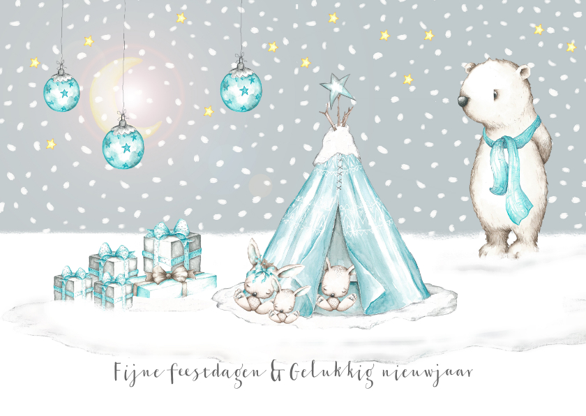Kerstkaart winter tipi met konijntjes en ijsbeer - Kerstkaarten Kerstkaarten - Kerstkaart winter tipi met konijntjes en ijsbeer