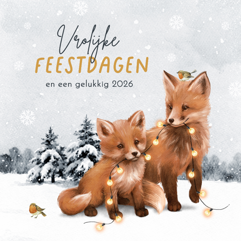 Kerstkaarten - Kerstkaart winter vosjes landschap kerstlampjes 