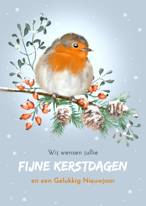 Kerstkaart winters roodborstje met kerstgroen - Kerstkaarten Kerstkaarten - Kerstkaart winters roodborstje met kerstgroen