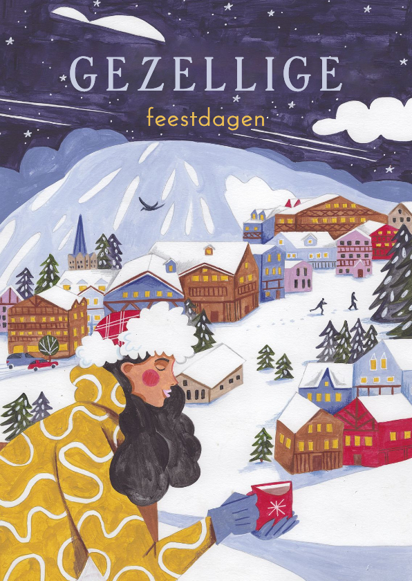Kerstkaart wintersport vrouw in berg landschap - Kerstkaarten Kerstkaarten - Kerstkaart wintersport vrouw in berg landschap