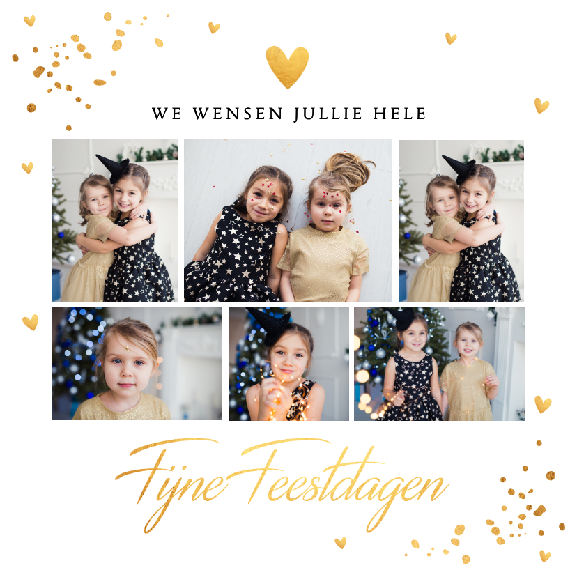 Kerstkaart wit fotocollage goudlook confetti - Kerstkaarten Kerstkaarten - Kerstkaart wit fotocollage goudlook confetti