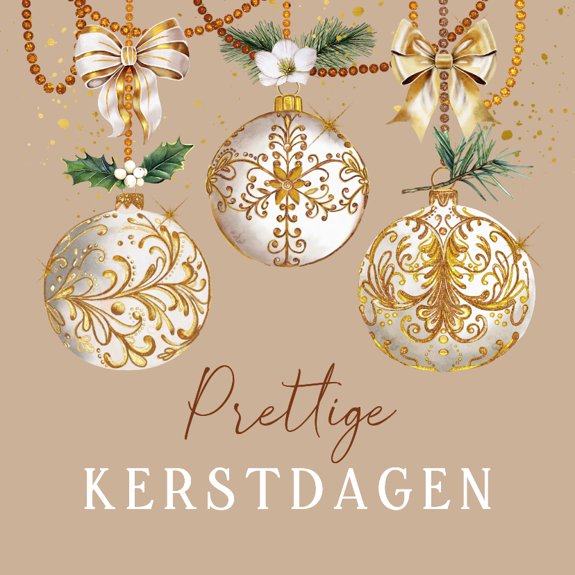Kerstkaart witte kerstballen met goud en strik - Kerstkaarten Kerstkaarten - Kerstkaart witte kerstballen met goud en strik