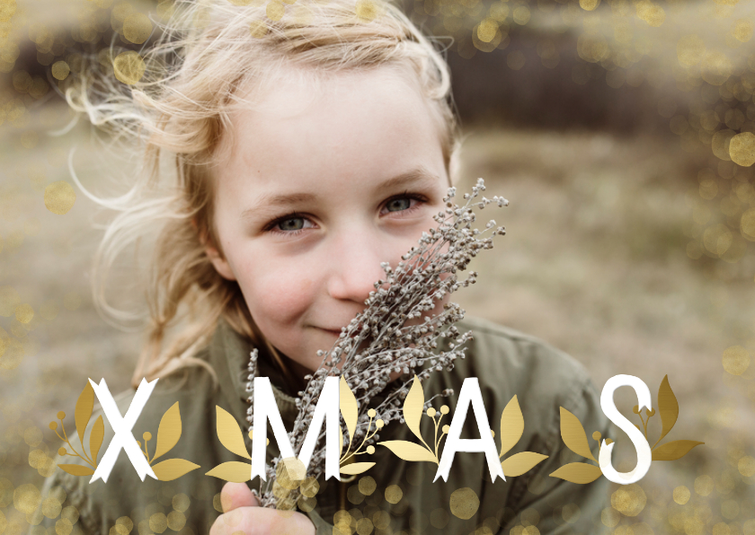 Kerstkaart XMAS goudlook grote foto met confetti - Kerstkaarten Kerstkaarten - Kerstkaart XMAS goudlook grote foto met confetti