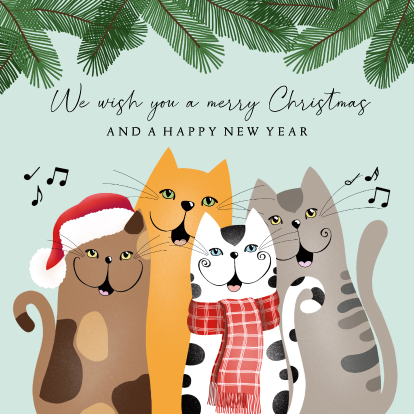 Kerstkaart zingende katten - Kerstkaarten Kerstkaarten - Kerstkaart zingende katten