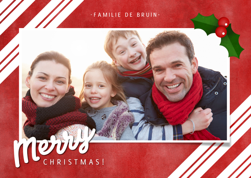 Kerstkaart zuurstok strepen, grote foto en Merry Christmas! - Kerstkaarten Kerstkaarten - Kerstkaart zuurstok strepen, grote foto en Merry Christmas!
