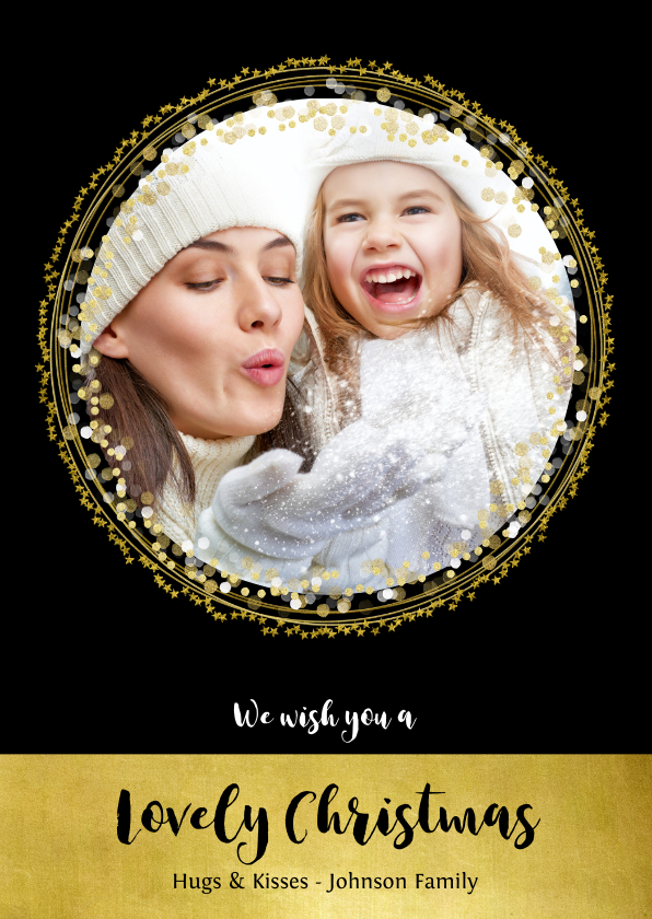 Kerstkaart zwart goud cirkels sterren en confetti - Kerstkaarten Kerstkaarten - Kerstkaart zwart goud cirkels sterren en confetti