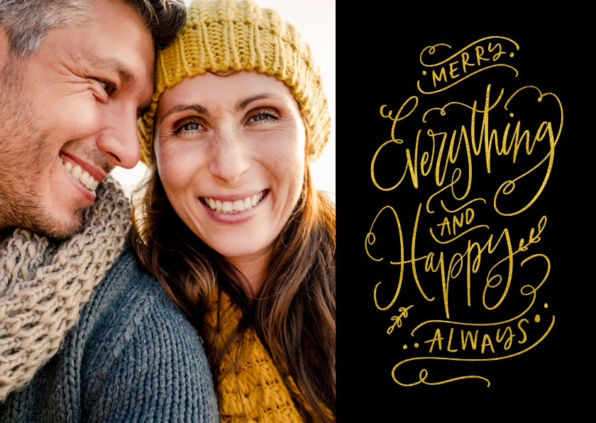 Kerstkaart zwart goud Merry Everything and Happy Always - Kerstkaarten Kerstkaarten - Kerstkaart zwart goud Merry Everything and Happy Always