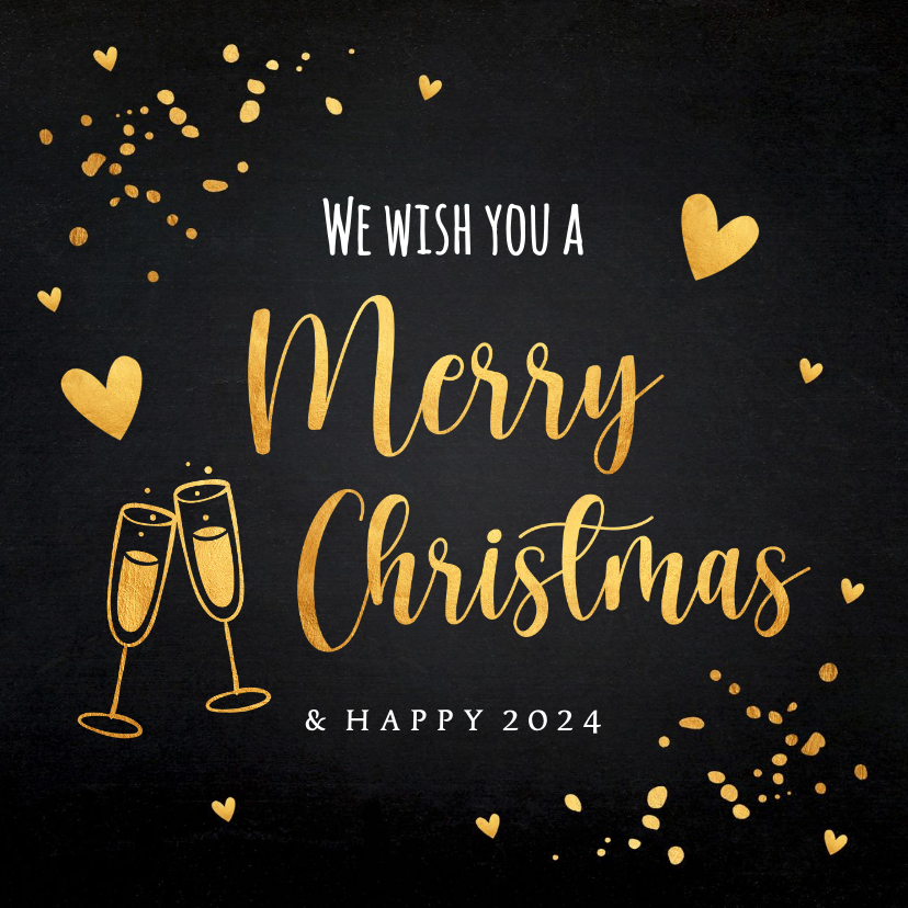 Kerstkaart zwart goudlook typografie champagne hartjes - Kerstkaarten Kerstkaarten - Kerstkaart zwart goudlook typografie champagne hartjes