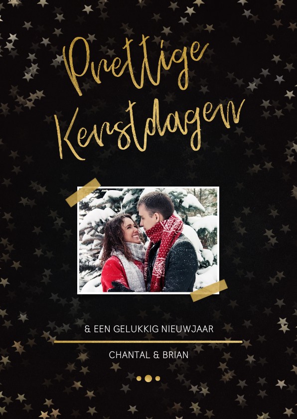 Kerstkaart zwart met foto en goud - Kerstkaarten Kerstkaarten - Kerstkaart zwart met foto en goud