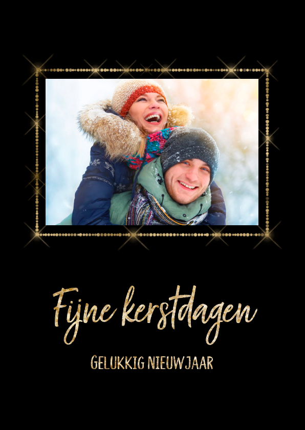 Kerstkaart zwart met gouden frame voor foto - Kerstkaarten Kerstkaarten - Kerstkaart zwart met gouden frame voor foto