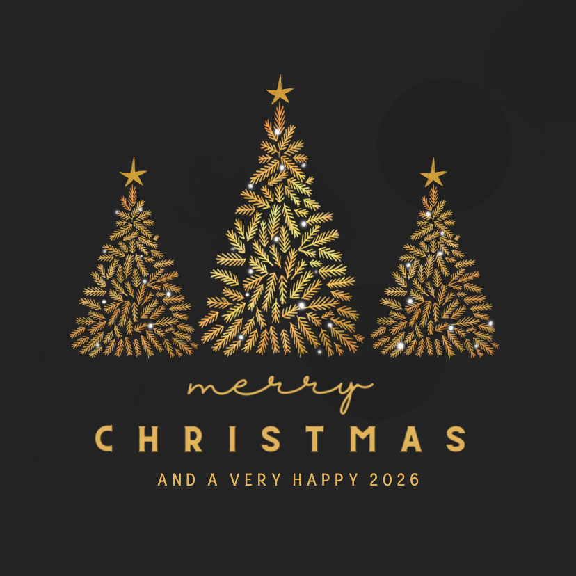 Kerstkaarten - Kerstkaart zwart met gouden kerstboompjes