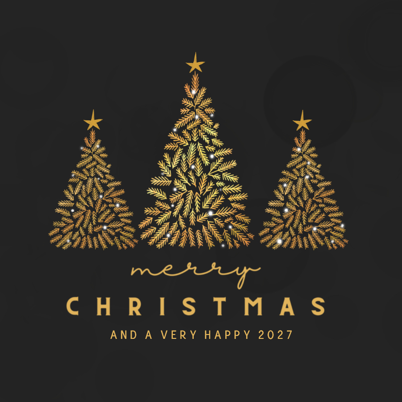 Kerstkaart zwart met gouden kerstboompjes - Kerstkaarten Kerstkaarten - Kerstkaart zwart met gouden kerstboompjes