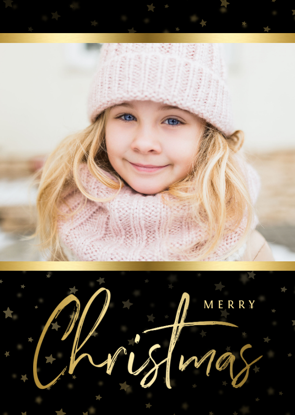 Kerstkaart zwart sterren met gouden accent en foto - Kerstkaarten Kerstkaarten - Kerstkaart zwart sterren met gouden accent en foto