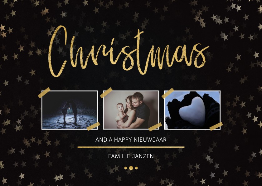 Kerstkaart zwart voor 3 foto's en goud - Kerstkaarten Kerstkaarten - Kerstkaart zwart voor 3 foto's en goud