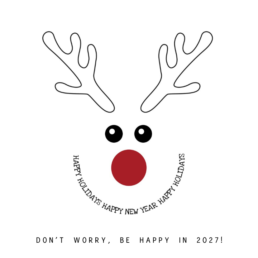 Kerstkaart zwart-wit met grappige illustratie rendier 2027 - Kerstkaarten Kerstkaarten - Kerstkaart zwart-wit met grappige illustratie rendier 2027