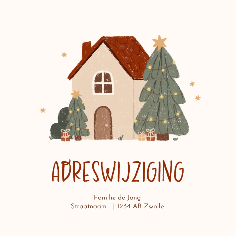 Kerstkaartje adreswijziging illustratie huis kerstboom ster - Kerstkaarten Kerstkaarten - Kerstkaartje adreswijziging illustratie huis kerstboom ster
