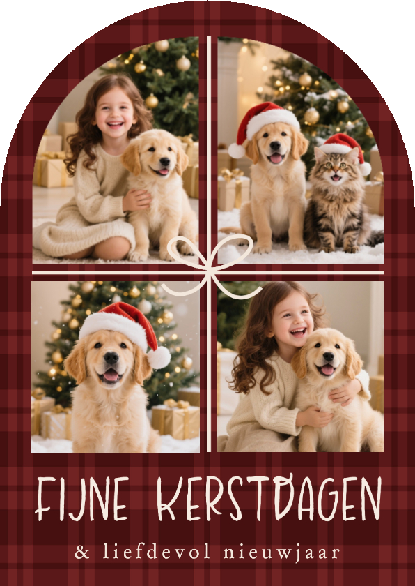 Kerstkaartje boogvorm ruitjes klassiek fotocollage strik - Kerstkaarten Kerstkaarten - Kerstkaartje boogvorm ruitjes klassiek fotocollage strik