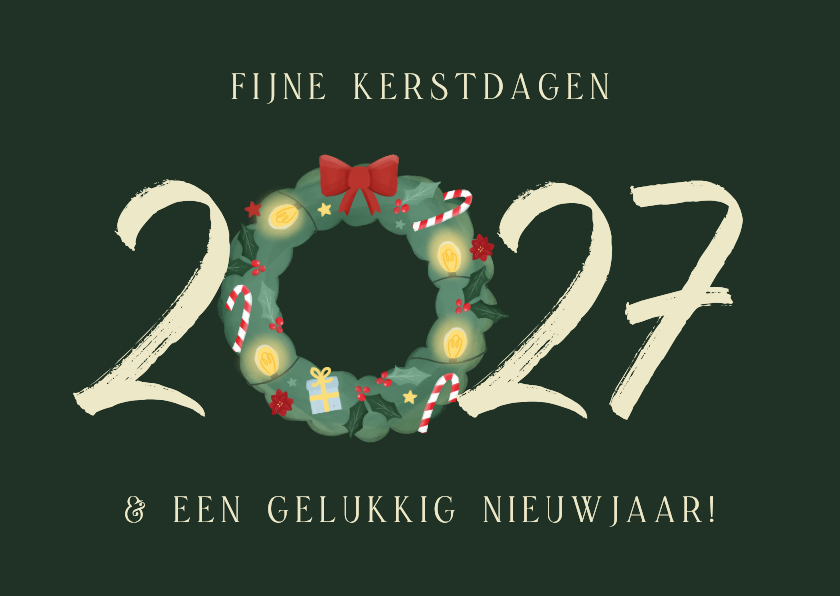 Kerstkaartje donkergroen 2027 met krans - Kerstkaarten Kerstkaarten - Kerstkaartje donkergroen 2027 met krans