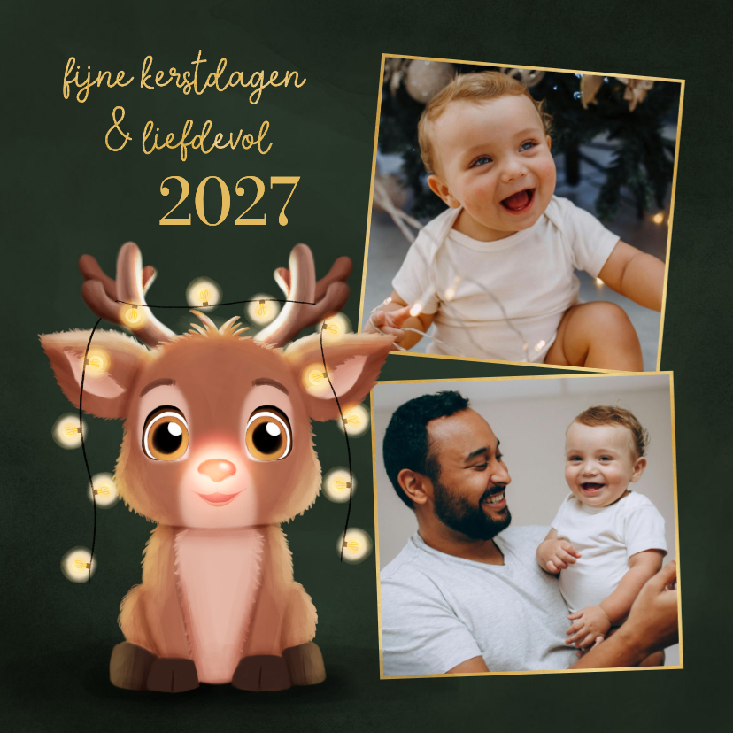 Kerstkaartje fotocollage lief rendiertje lampjes donkergroen - Kerstkaarten Kerstkaarten - Kerstkaartje fotocollage lief rendiertje lampjes donkergroen