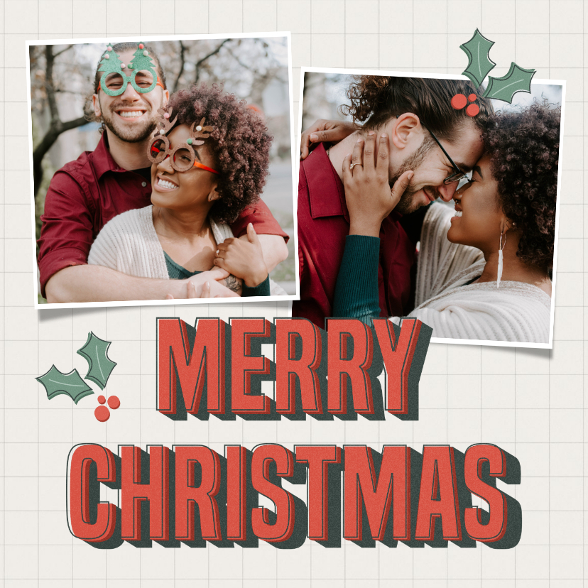 Kerstkaartje fotocollage retro merry christmas groen rood - Kerstkaarten Kerstkaarten - Kerstkaartje fotocollage retro merry christmas groen rood