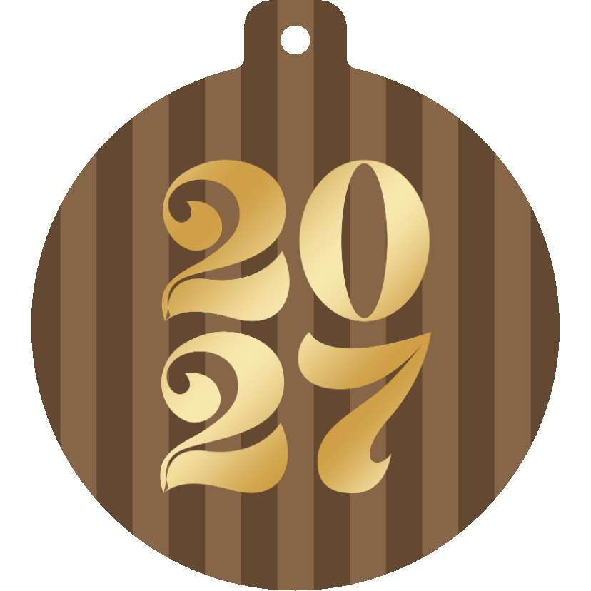 Kerstkaarten - Kerstkaartje gestreept 2027 goud kerstbalvorm bruin