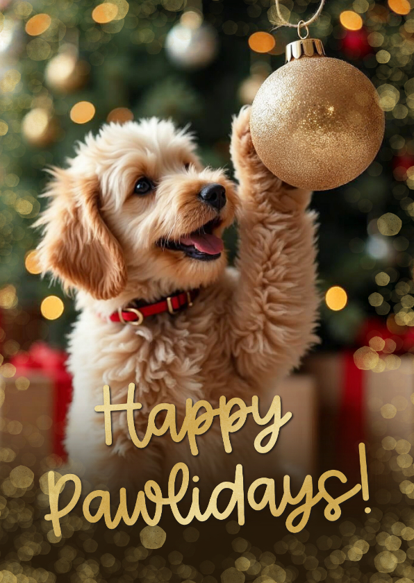 Kerstkaartje happy pawlidays hondje kerstbal pootje - Kerstkaarten Kerstkaarten - Kerstkaartje happy pawlidays hondje kerstbal pootje