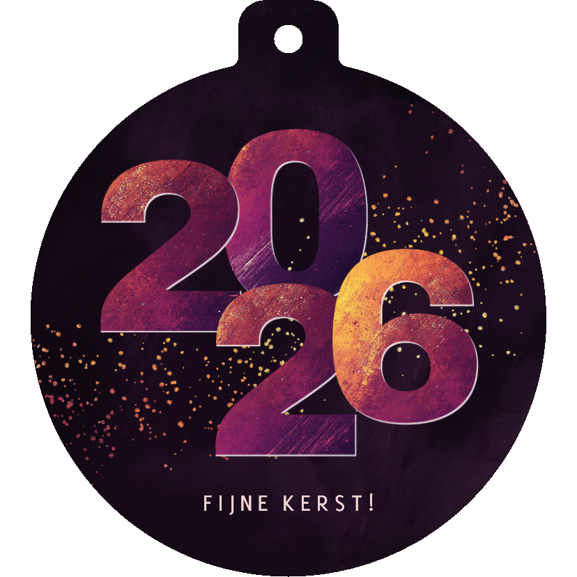 Kerstkaartje kerstbalvorm 2026 paars geel - Kerstkaarten Kerstkaarten - Kerstkaartje kerstbalvorm 2026 paars geel