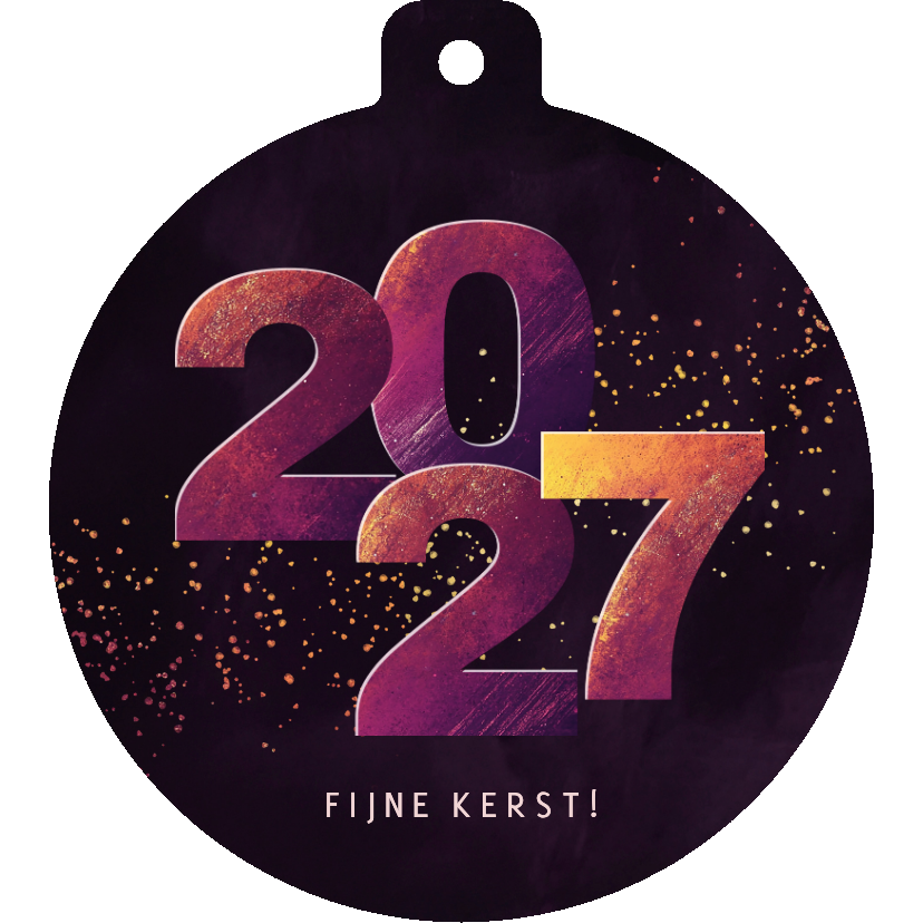 Kerstkaartje kerstbalvorm 2027 paars geel - Kerstkaarten Kerstkaarten - Kerstkaartje kerstbalvorm 2027 paars geel