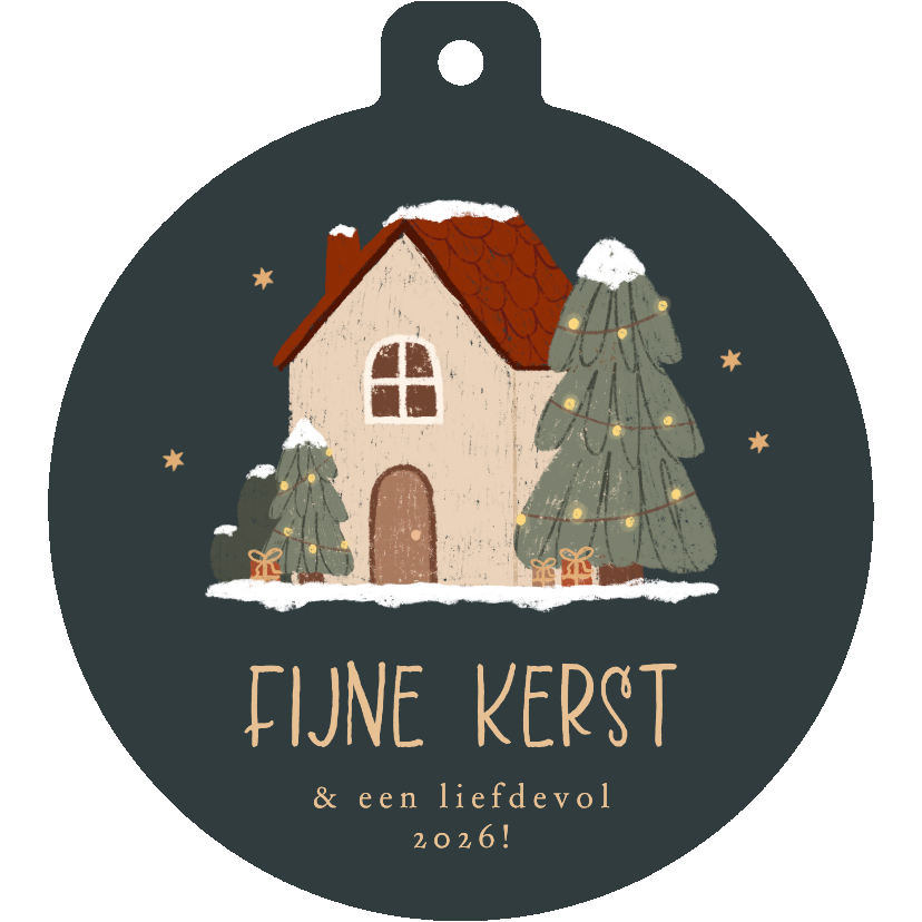 Kerstkaartje kerstbalvorm illustratie huisje sterretjes - Kerstkaarten Kerstkaarten - Kerstkaartje kerstbalvorm illustratie huisje sterretjes