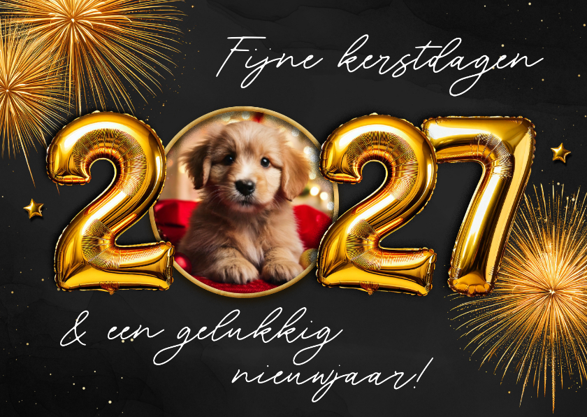 Kerstkaarten - Kerstkaartje met 2027 folieballon en foto goud vuurwerk