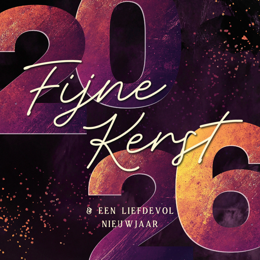 Kerstkaartje met groot 2026 in het paars en geel fijne kerst - Kerstkaarten Kerstkaarten - Kerstkaartje met groot 2026 in het paars en geel fijne kerst