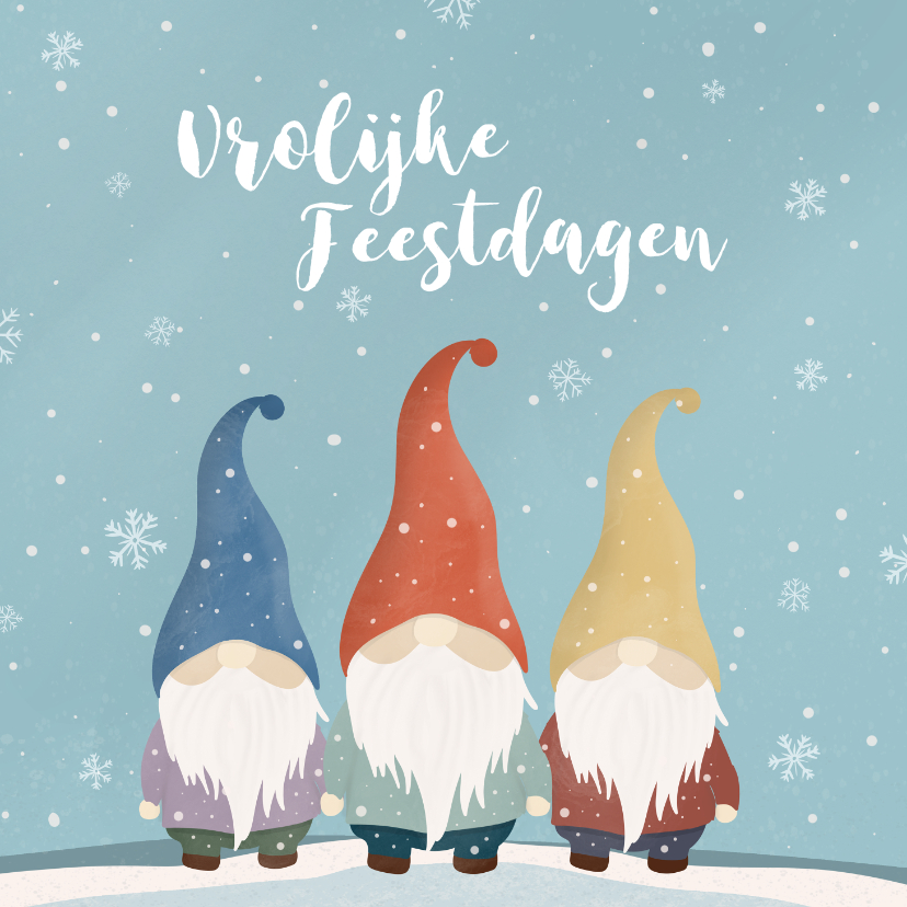 Kerstkaarten - Kerstkaartje met kabouters in de sneeuw vrolijke feestdagen