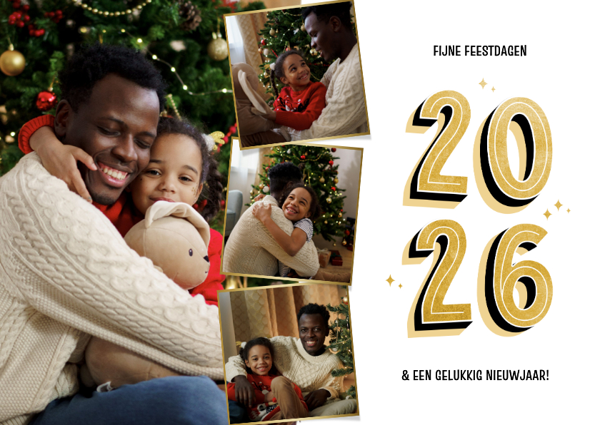 Kerstkaarten - Kerstkaartje met vier foto's wit 2027 goud
