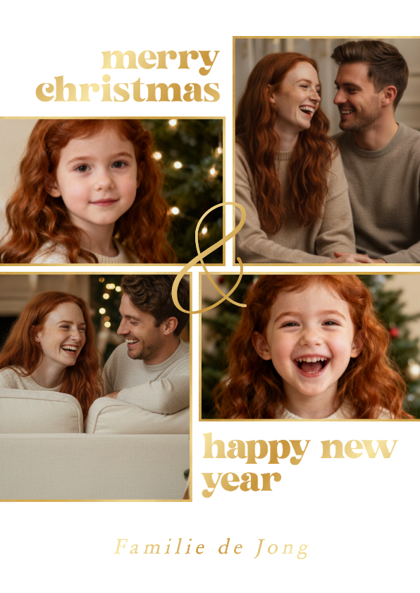 Kerstkaartje minimalistisch met fotocollage wit en goud - Kerstkaarten Kerstkaarten - Kerstkaartje minimalistisch met fotocollage wit en goud