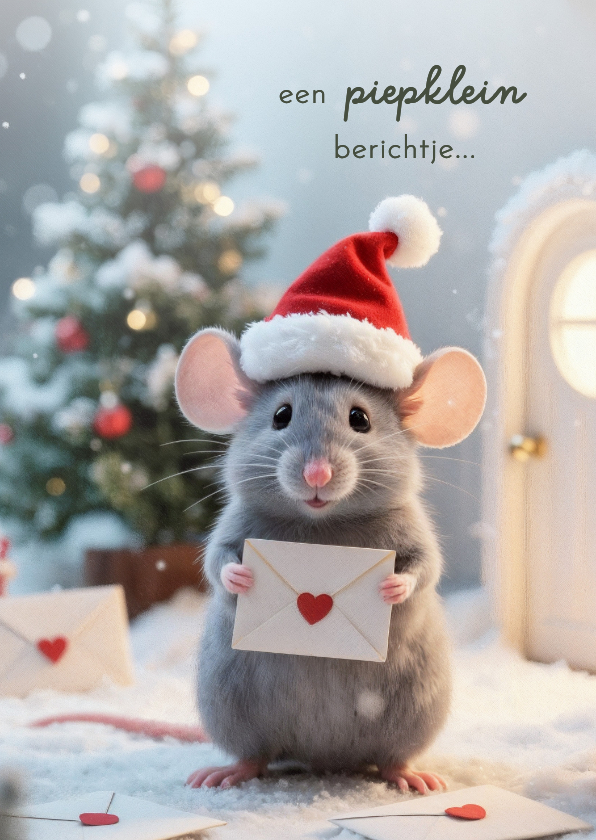 Kerstkaarten - Kerstkaartje piepklein berichtje schattig muisje kerstmuts