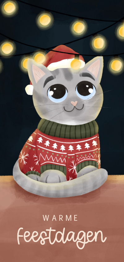 Kerstkaartje schattige kat met kersttrui en lampjes - Kerstkaarten Kerstkaarten - Kerstkaartje schattige kat met kersttrui en lampjes