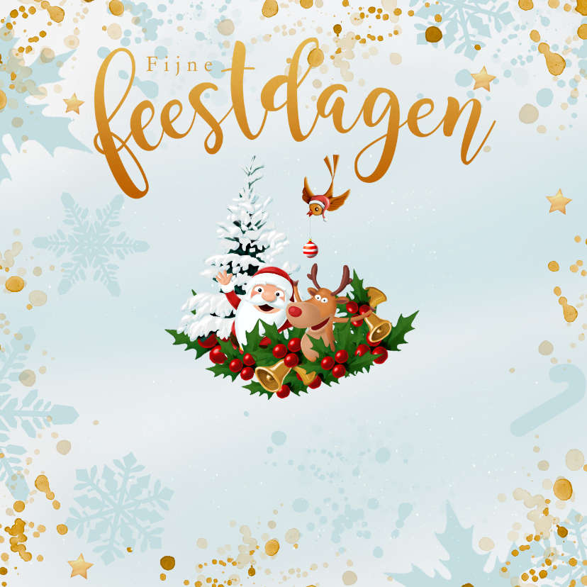 Kerstman met Rudolf, kerstboom en vogeltje met kerstbal - Kerstkaarten Kerstkaarten - Kerstman met Rudolf, kerstboom en vogeltje met kerstbal