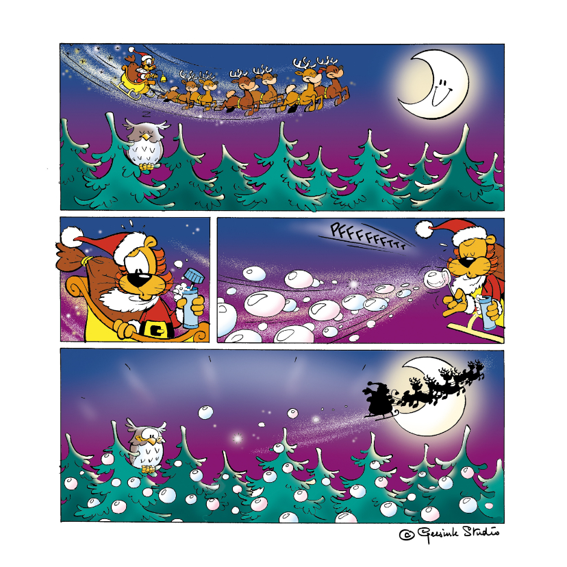 Kerstkaarten - Kerstman strip Loeki in de arreslee