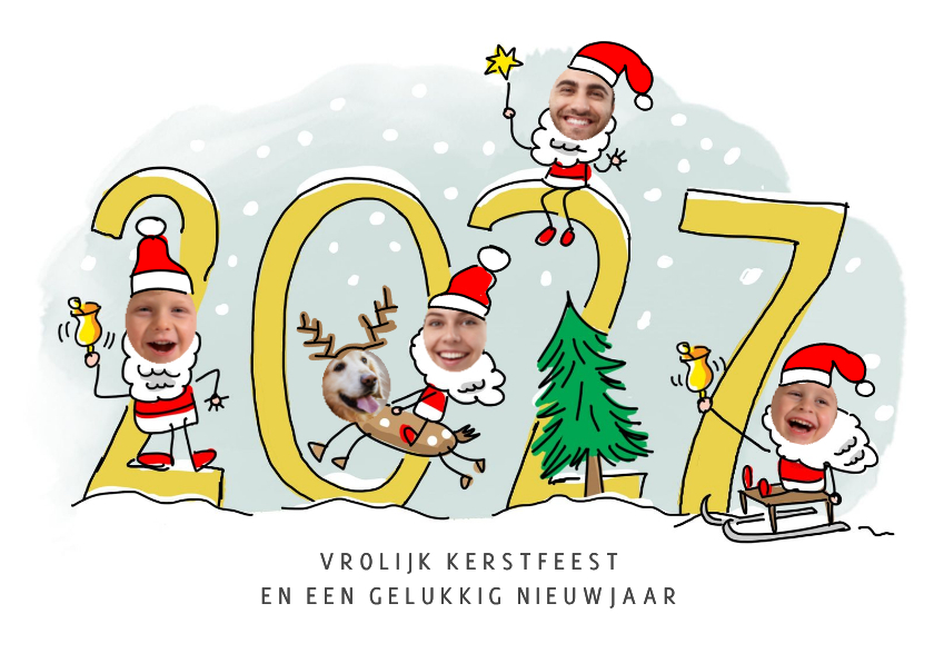 Kerstkaarten - Kerstmannetjes fotokaart voor 5 personen met jaartal