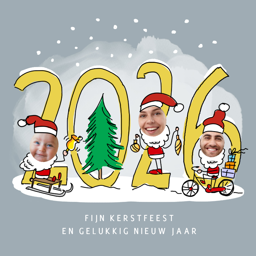 Kerstkaarten - Kerstmannetjes photokaart voor 3 personen met jaartal