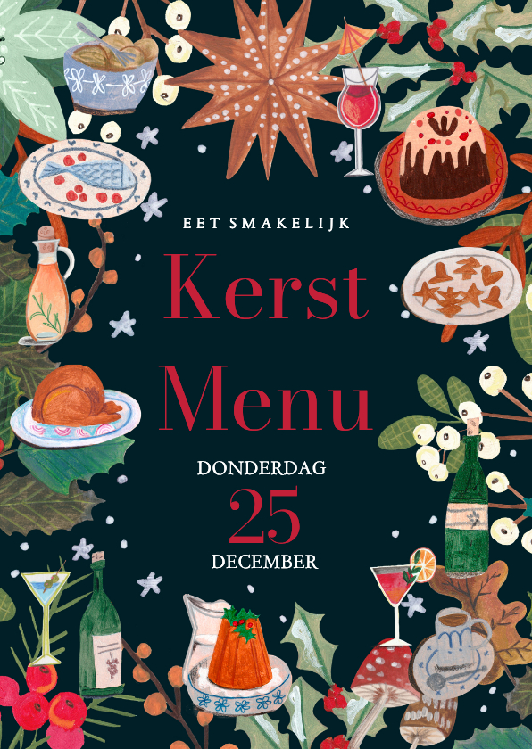 Kerstmenu doodle eten & drinken kerstfeest - Kerstkaarten Kerstkaarten - Kerstmenu doodle eten & drinken kerstfeest