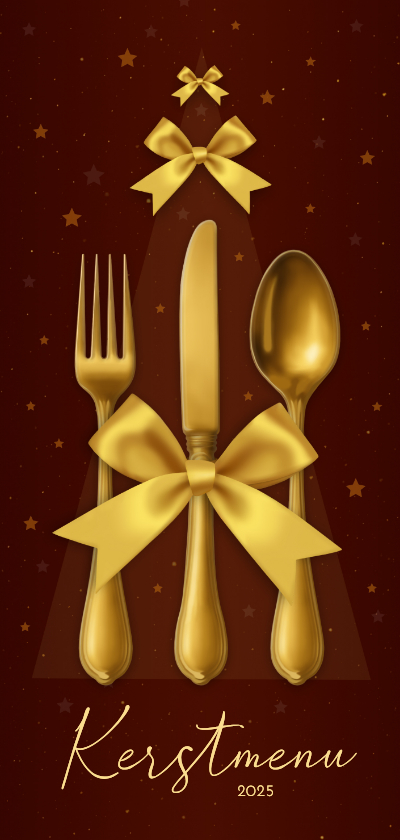 Kerstmenu goudlook strik bestek - Kerstkaarten Kerstkaarten - Kerstmenu goudlook strik bestek