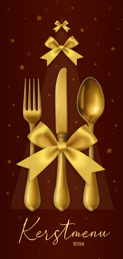 Kerstkaarten - Kerstmenu goudlook strik bestek
