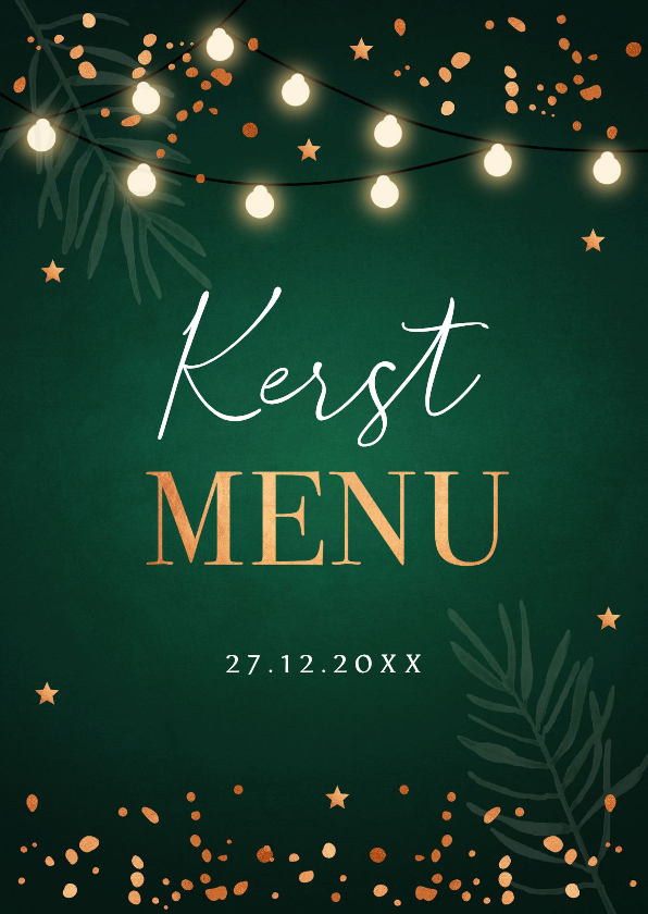 Kerstkaarten - Kerstmenukaart groen lampjes koperlook sterren