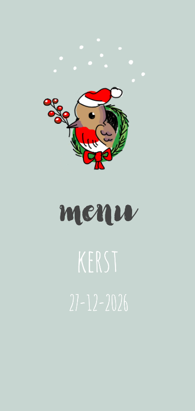Kerstmenukaart met roodborstje in een kerstkrans - Kerstkaarten Kerstkaarten - Kerstmenukaart met roodborstje in een kerstkrans