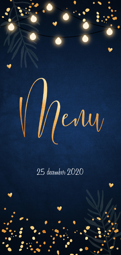 Kerstmenukaart blauw confetti goudlook - Kerstkaarten Kerstkaarten - Kerstmenukaart blauw confetti goudlook