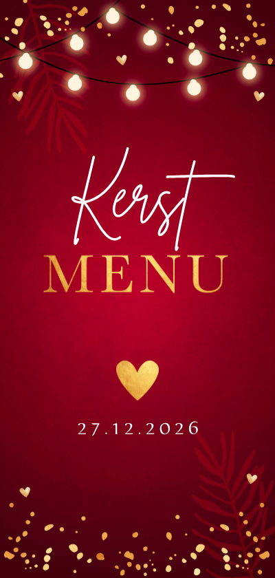 Kerstmenukaart rood langwerpig goudlook lampjes hartje - Kerstkaarten Kerstkaarten - Kerstmenukaart rood langwerpig goudlook lampjes hartje
