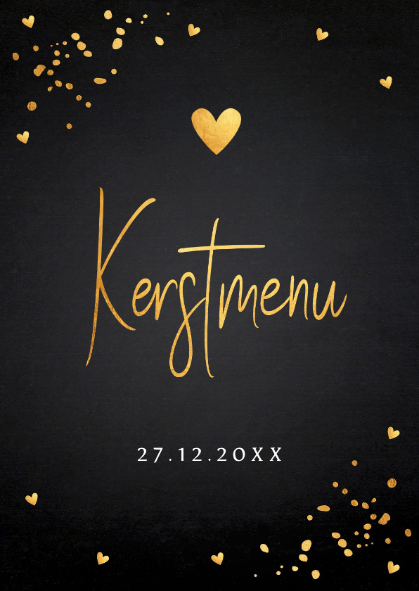 Kerstkaarten - Kerstmenukaart zwart goudlook hartjes