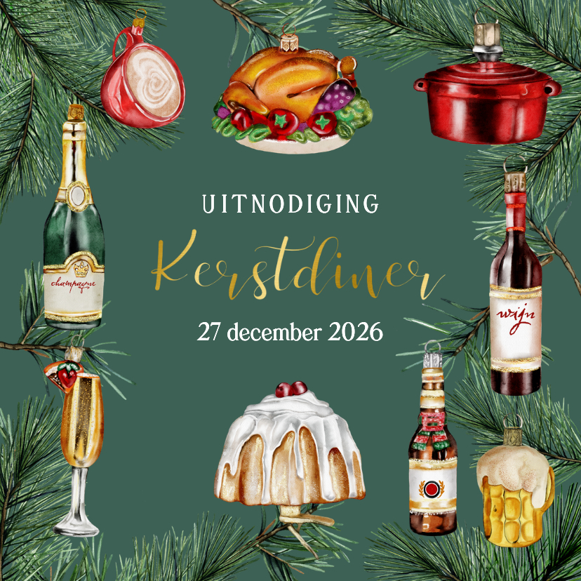 Kerstuitnodiging diner ornamenten - Kerstkaarten Kerstkaarten - Kerstuitnodiging diner ornamenten