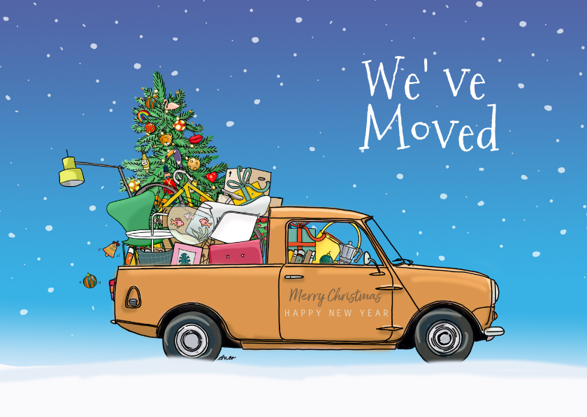 Kerstkaarten - Kerstverhuiskaart gele pickup geel